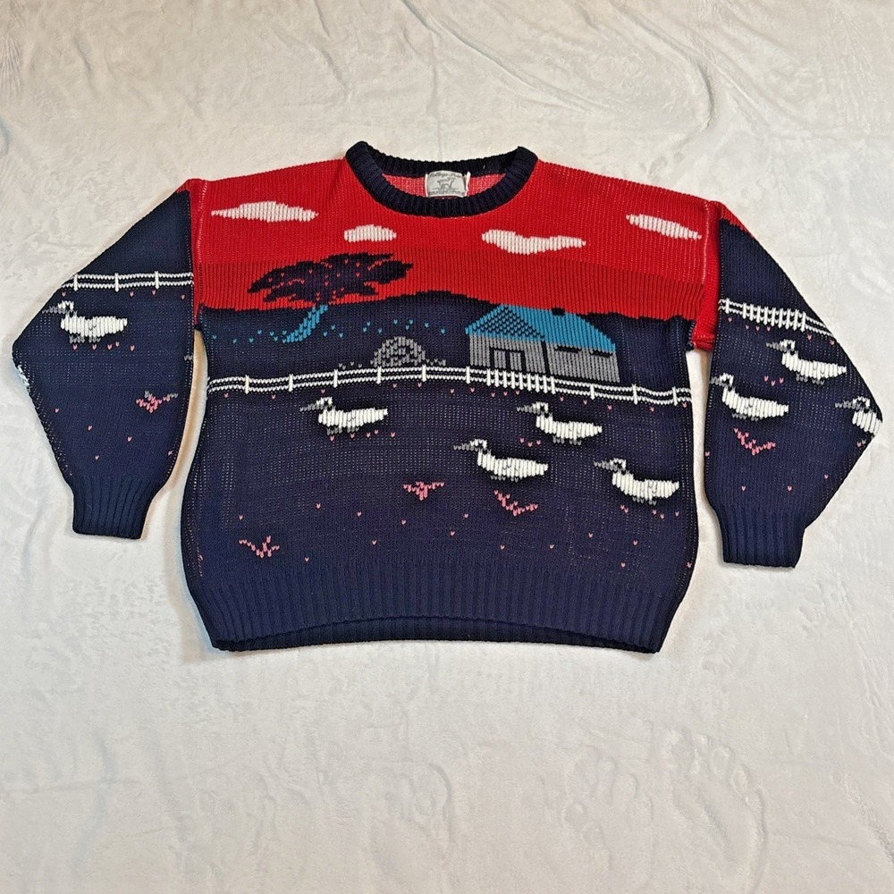Vintage 80s College Point Sweater Womens Large Duck Farm Animal Crewneck Cottage